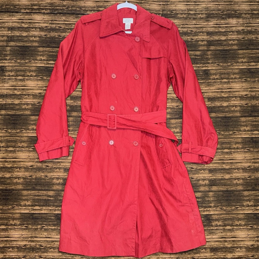 Ann Taylor LOFT Womens Red Trench Coat Lined Size 12 Knee Length Classic